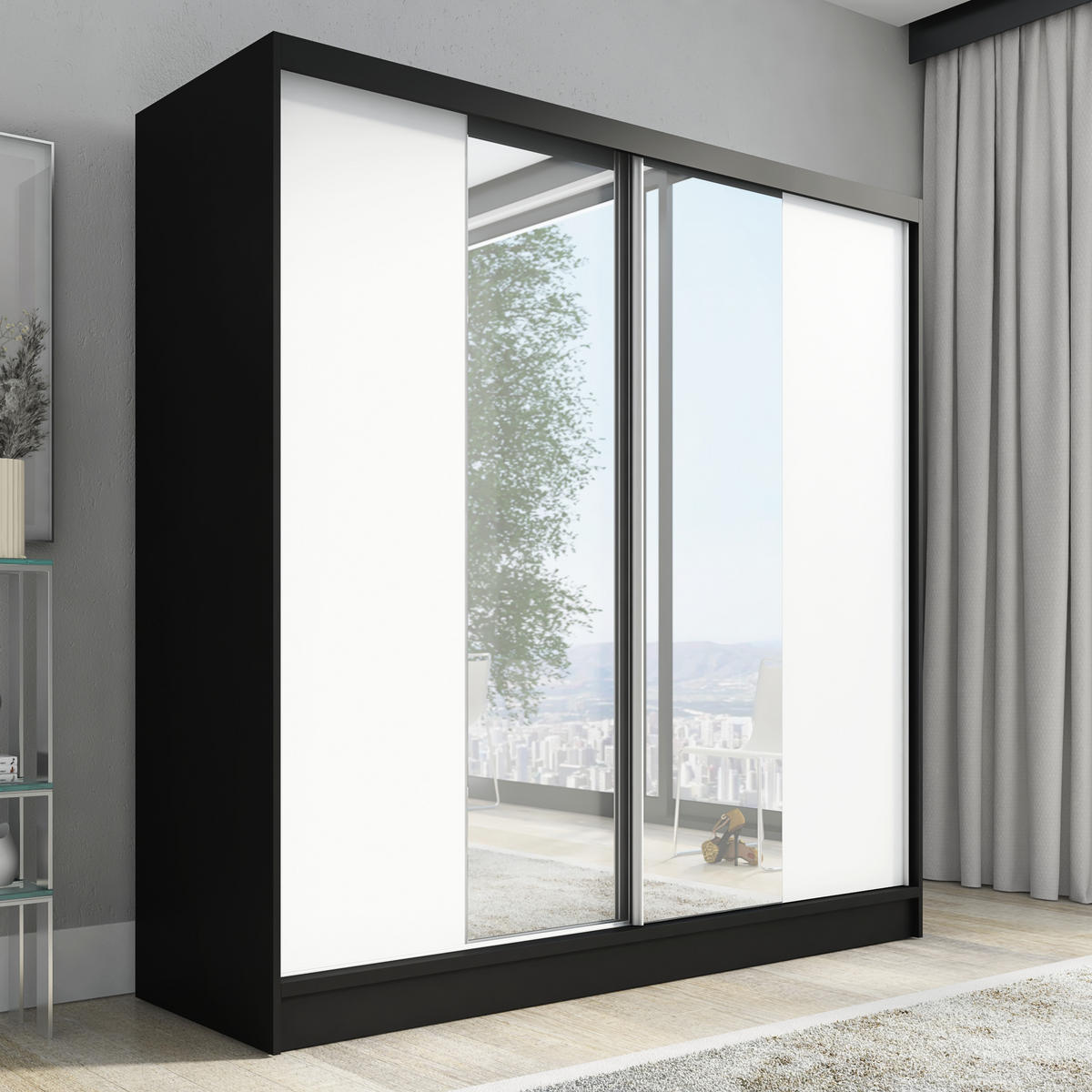 SCHWEBETÜRENSCHRANK 200 CM DUO Farbe:Schwarz | weiß - Schwarz/Weiß, Holzwerkstoff (200/215/60cm) - A&J MöbelLand