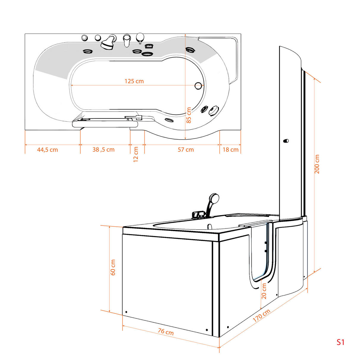 SENIORENDUSCHE Wanne Whirlpool S12D-EH-WP-L-EC 170x85cm - Weiß, Glas/Kunststoff (85/200/170cm) - AcquaVapore by Sandra Jentho