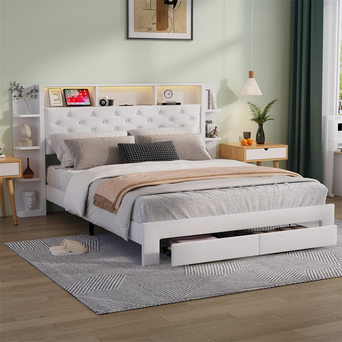 POLSTERBETT 140 x 200 cm mit USB-Anschluss & Steckdose - offene Regalfächer mit LED-Beleuchtung und Schubladen - Weiß - Weiß, Textil (140/200cm) - DELFA