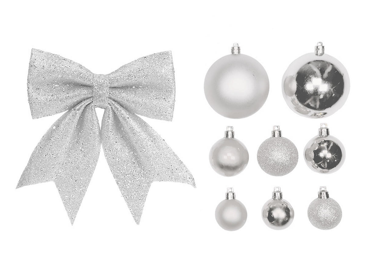 WEIHNACHTSBAUM künstlicher 150 cm, SILBERWEIHNACHTEN, mit 73-teiligem Weihnachtsbaumschmuck, inkl. Metallständer und Aufbewahrungsbox - Silberfarben/Weiß, Kunststoff/Textil (96/150cm) - LAALU