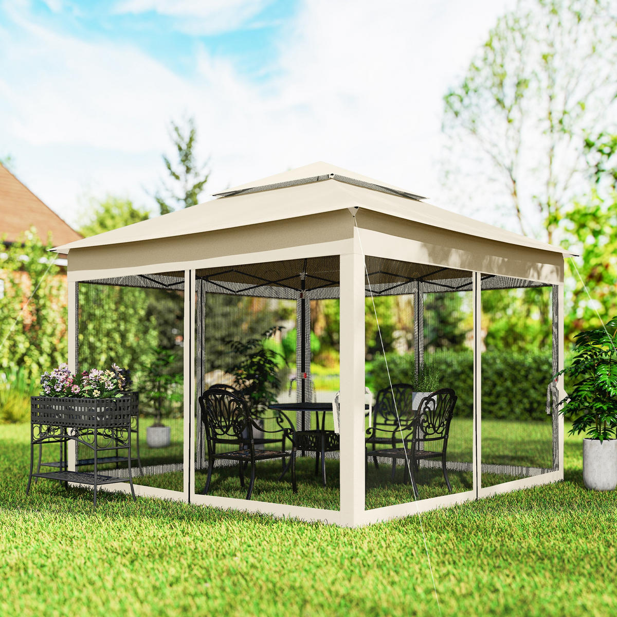 PAVILLON DE-13990 Pop-up 3/3 m, Doppeldach, Moskitonetze Creme - Creme, Textil (325/270/325cm) - ComfortXL