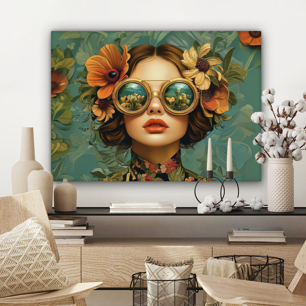 LEINWANDBILD Frau - Blumen - Schmetterlinge - Natur - Vintage Wandbilder 80x60 cm - Salbeigrün, Textil (80/60cm) - MuchoWow