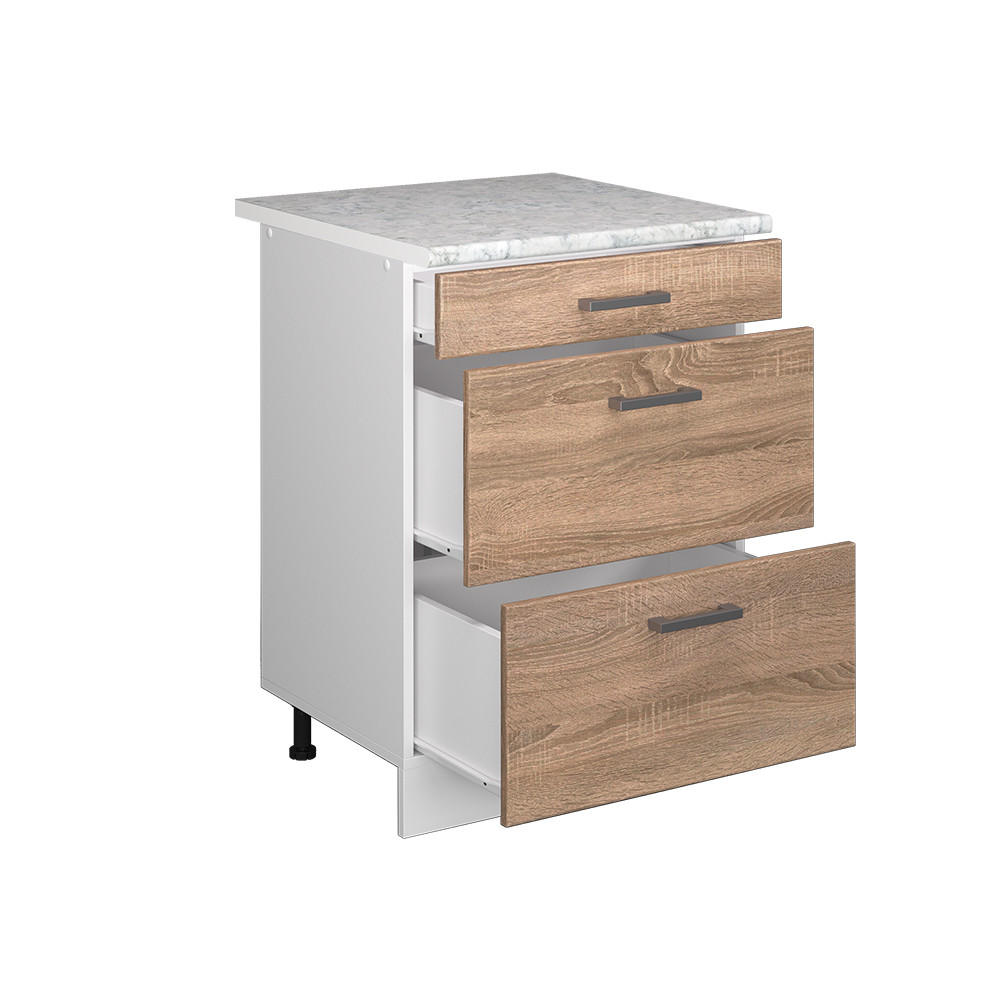 KÜCHENSCHRANK R-Line Sonoma 60 cm mit Schubladen, AP Marmor - Weiß/Sonoma Eiche, Holzwerkstoff (60/81.6/60cm) - Vicco