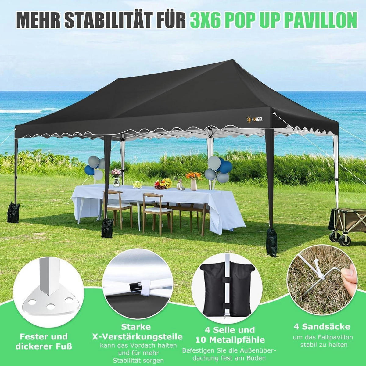 FALTPAVILLON 3x6m Wasserdicht UV50+ Schwarz mit Seitenwänden - Schwarz, Textil (300/203/600cm)