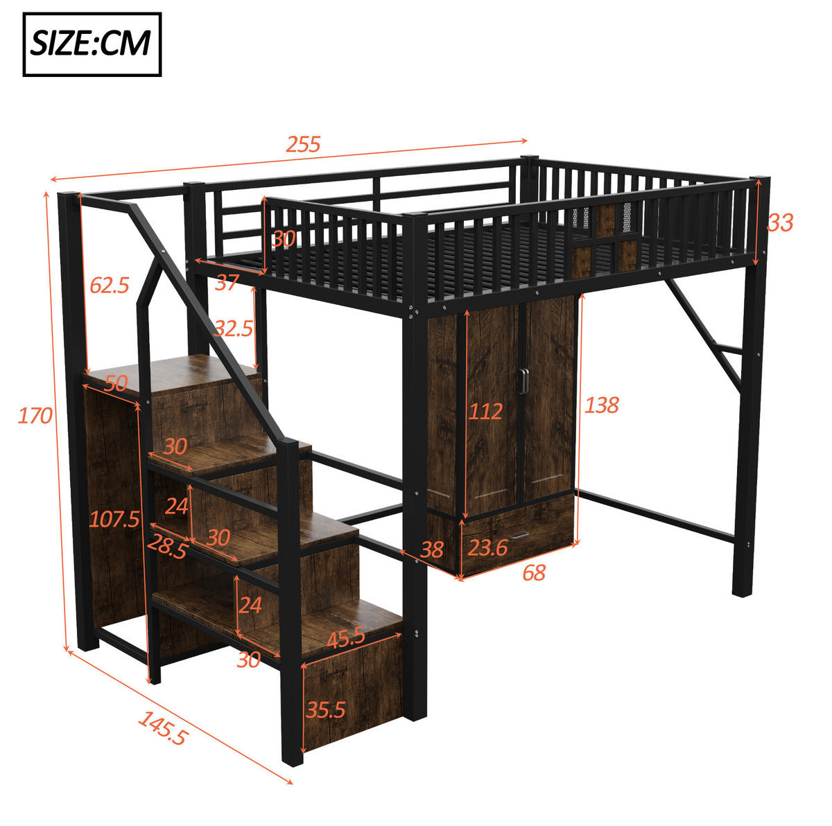 HOCHBETT 140/200 cm aus Metall und Holz mit Kleiderschrank, Schubladen und Aufbewahrungsleiter, Schwarz - Schwarz, Metall (140/200cm) - Redom