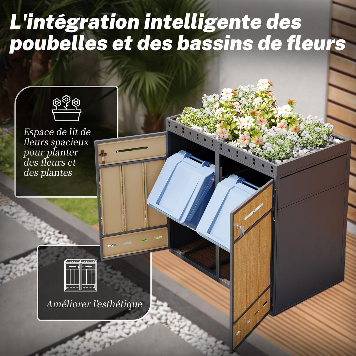 MÜLLTONNENBOX Klappdeckel Holzmaserung Grau - Grau, Metall (132/118.5/80cm) - ComfortXL