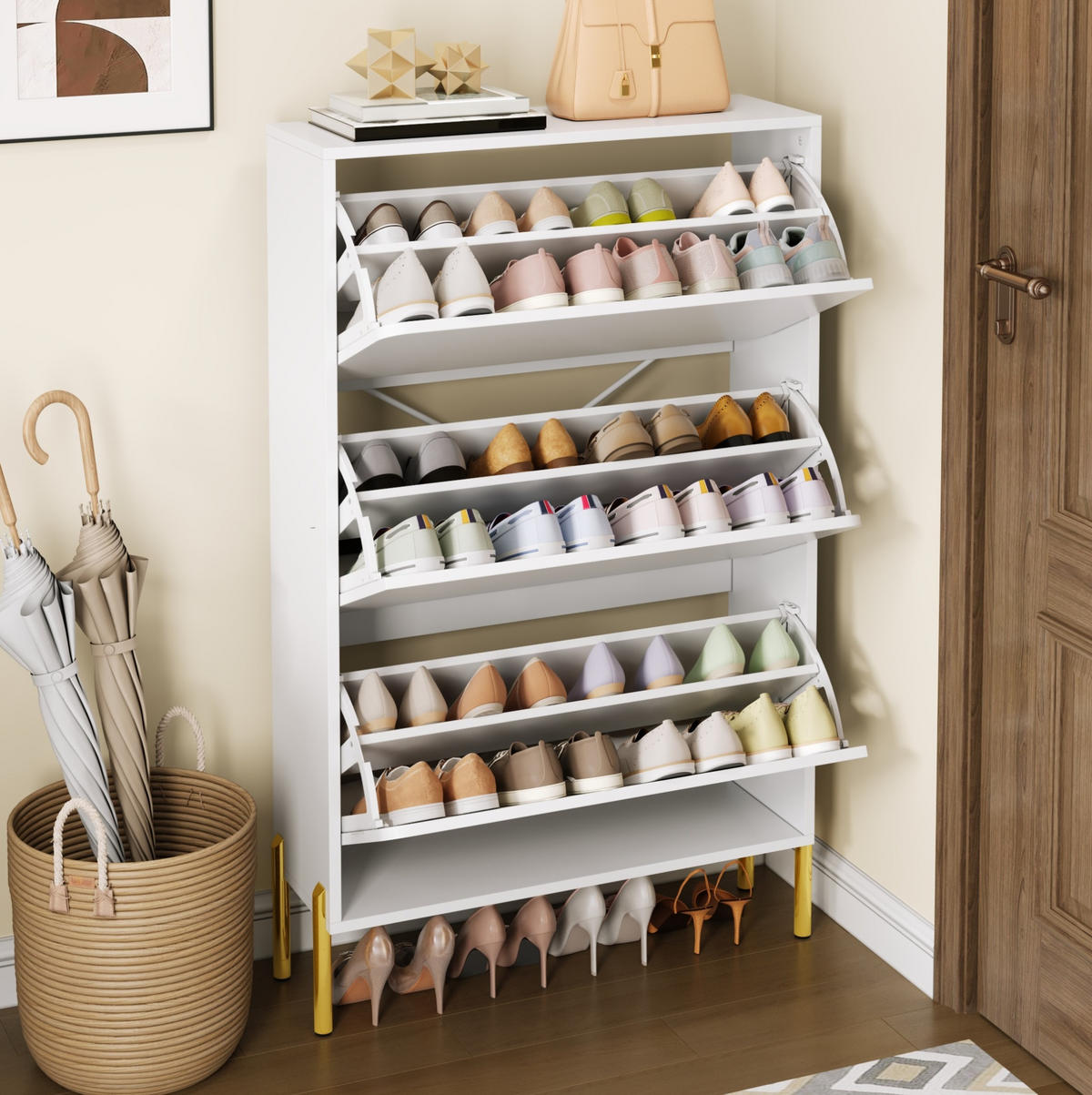 SCHUHSCHRANK aus MDF 73x24x120cm in Weiß mit goldenen Metallbeinen - Weiß, Holzwerkstoff (73/120/24cm) - Modfu