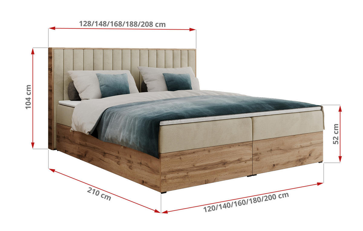 BOXBETT ALBERO 4 - 160/200 Beige Velvet - H3 - Beige, Holz/Textil (160/200cm) - MKS