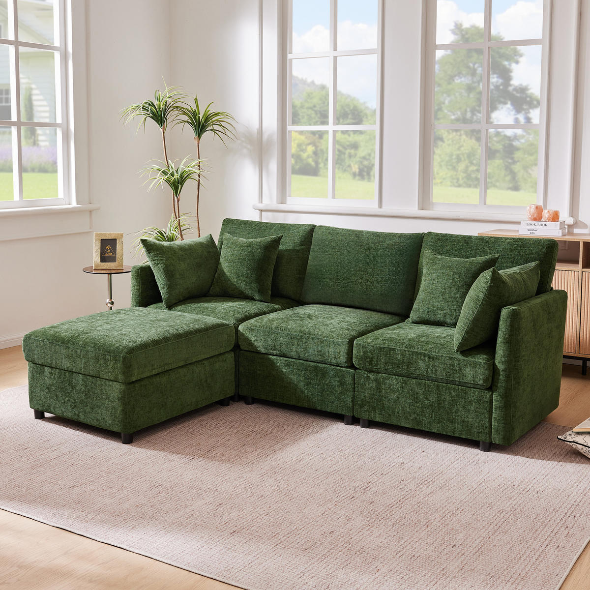 SOFA aus Chenille 216x161x81 cm mit modularem Hocker, grün - Grün, Textil (161/216cm) - Luhomfu