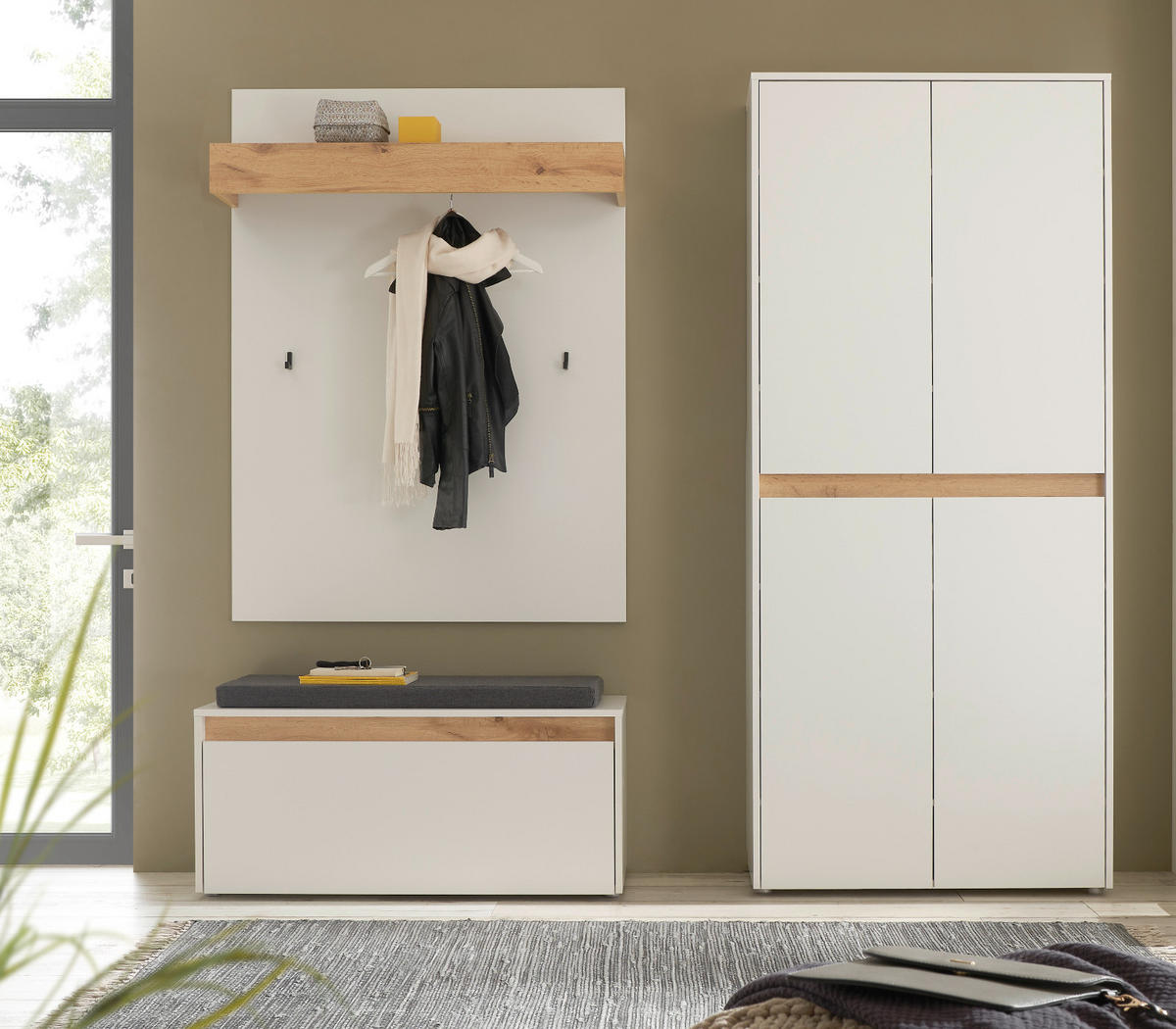 GARDEROBEN-SET weiß matt, Eiche Wotan 195 cm 4-teilig, Garderobenkombination mit viel Stauraum - Eiche Wotan/Schwarz, Holzwerkstoff/Kunststoff (195/200/40cm) - Furn.Design