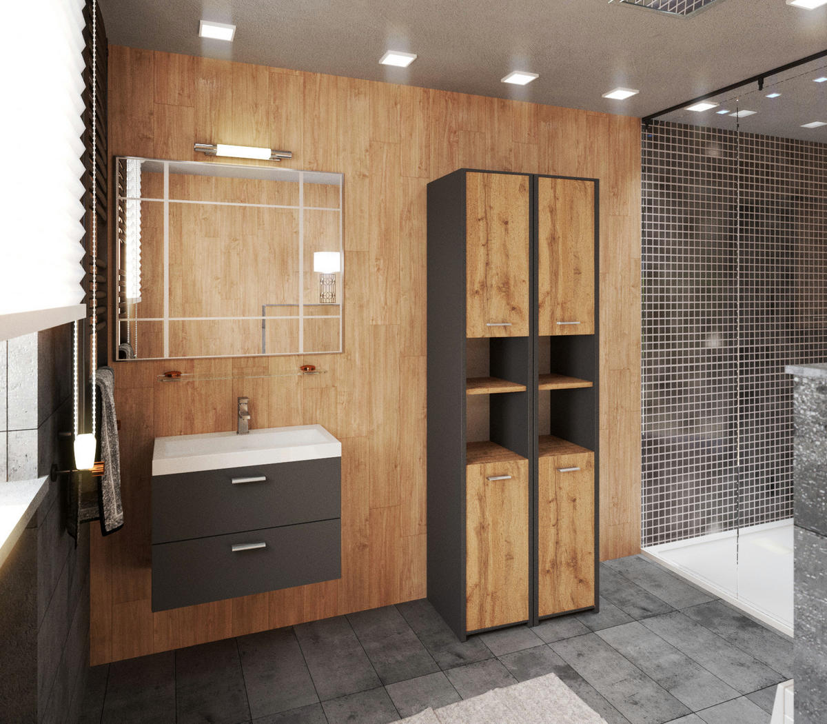 BADEZIMMERSCHRANK stehend – Grau/Eiche Wotan - Eiche Wotan/Grau, Holz (30/165/30cm) - Stiv Meble