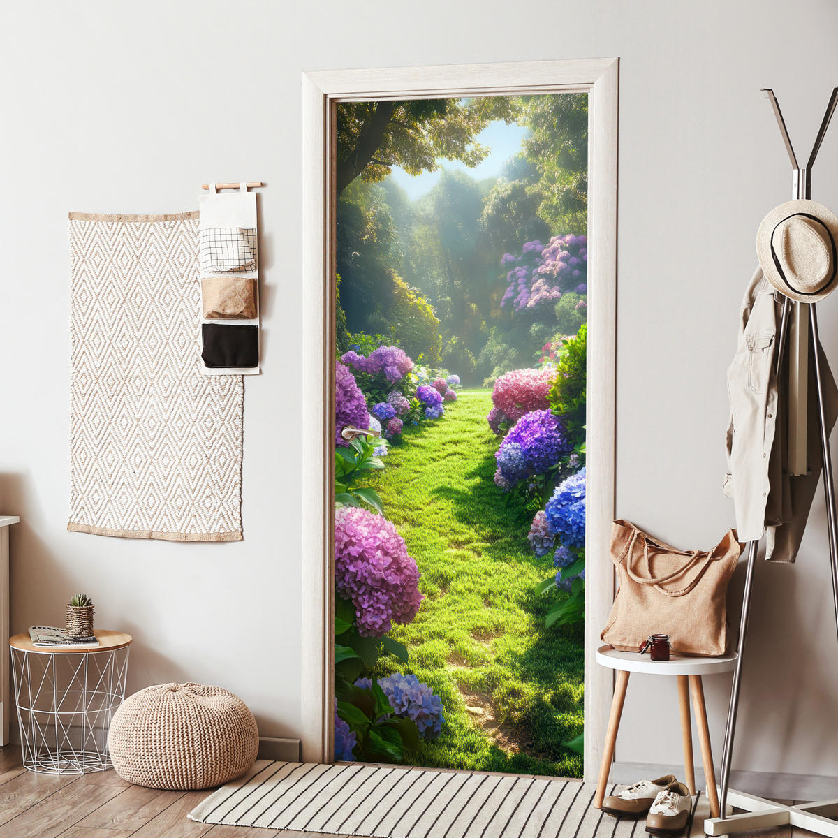 TÜRAUFKLEBER Natur - Hortensie - Blumen - Grün 85x215 cm - Türtapete - Hellgrün, Kunststoff (85/0.1cm) - MuchoWow