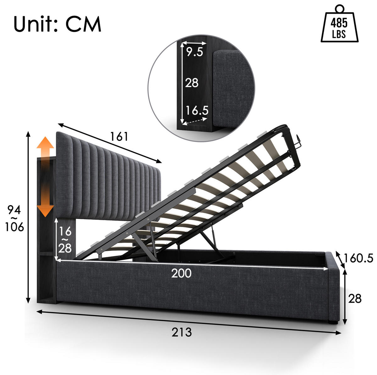 POLSTERBETT mit Stauraum und LED 160x200 cm Leinen Grau - Grau, Metall (160/200cm) - Meubliv