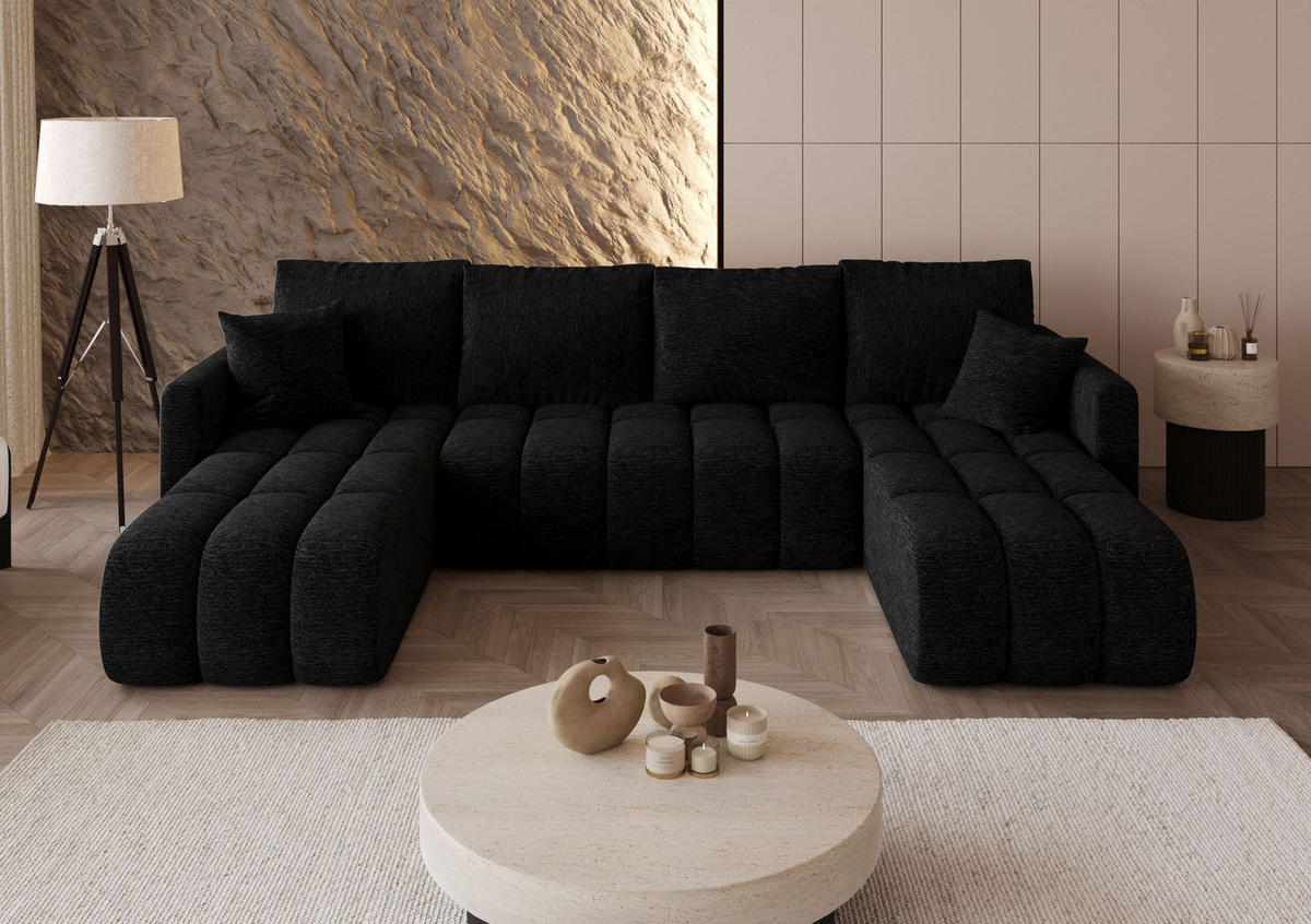 WOHNLANDSCHAFT GARDA U-Form schwarz Strickstoff Aragon 99 - Schlaffunktion, Bettkasten - Schwarz, Textil (305/88/150cm) - Cornero