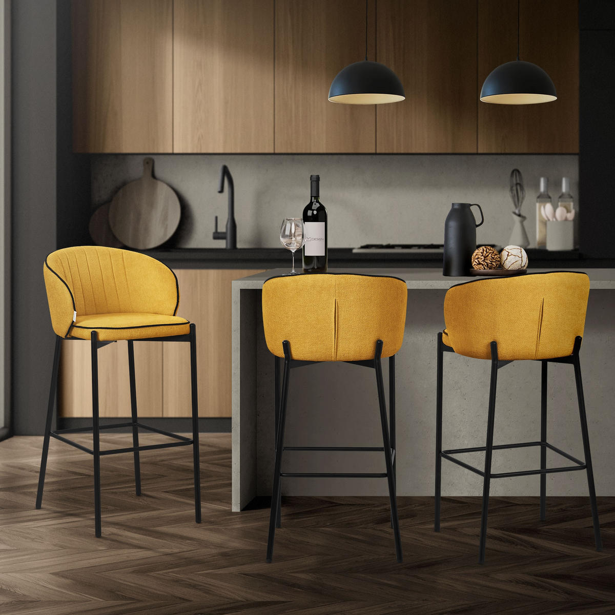 BARHOCKER 4er Set Senf mit Stoffbezug - Gelb/Schwarz, Textil/Metall (50/101/54cm) - ML-DESIGN