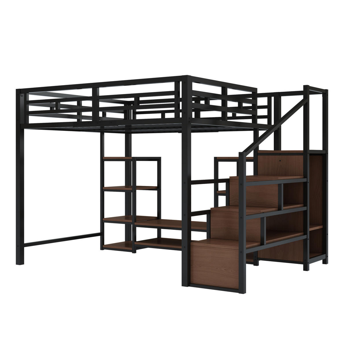 HOCHBETT Metall/MDF 140x200 cm Schwarz mit TV-Ständer, Steckdose und Aufbewahrungsleiter - Schwarz, Metall (140/200cm) - Modfu