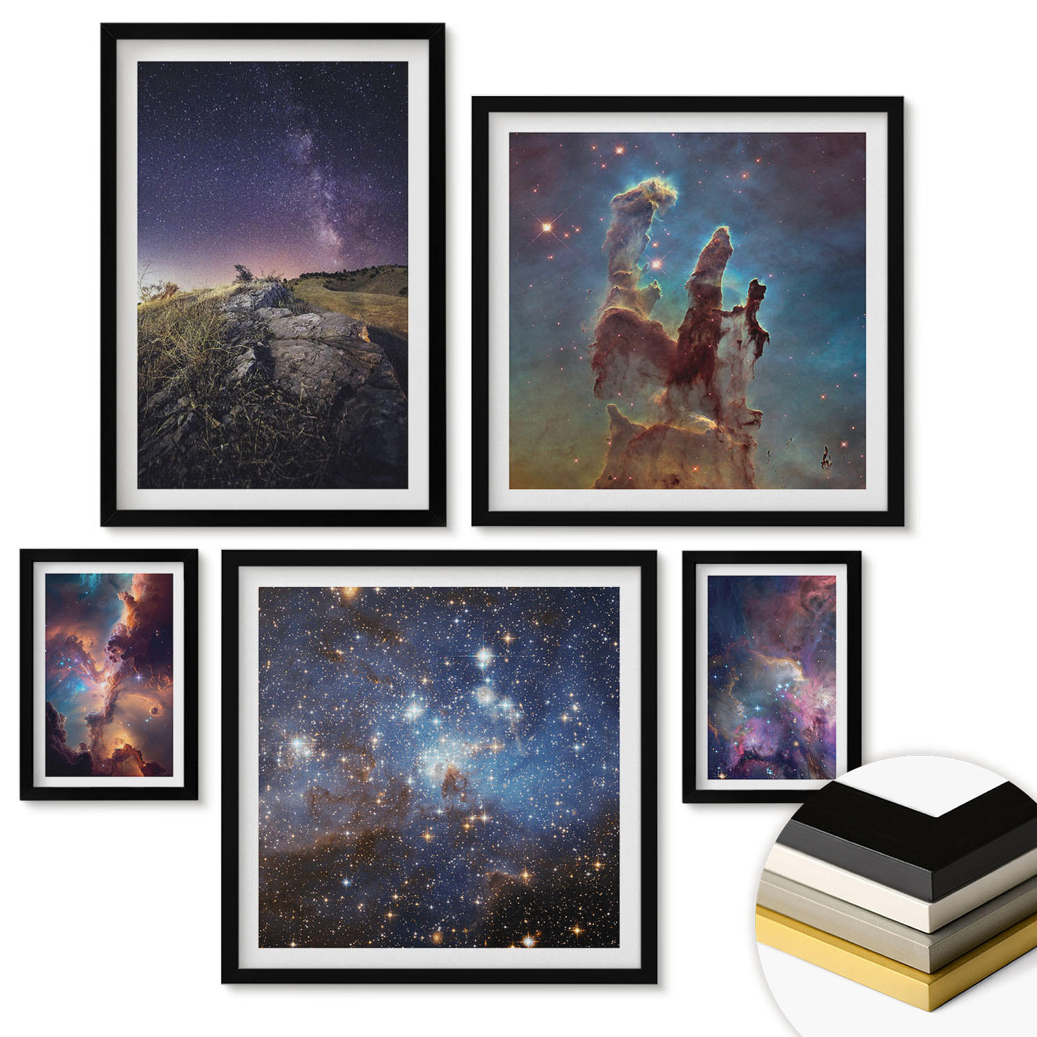 WANDBILDER 5er-Set - 50x50 cm & 20x30 cm & 40x60 cm Schwarzer Rahmen - Wasserfall in der Schlucht - Schwarz, Kunststoff (40/60cm) - ArtPrintCave