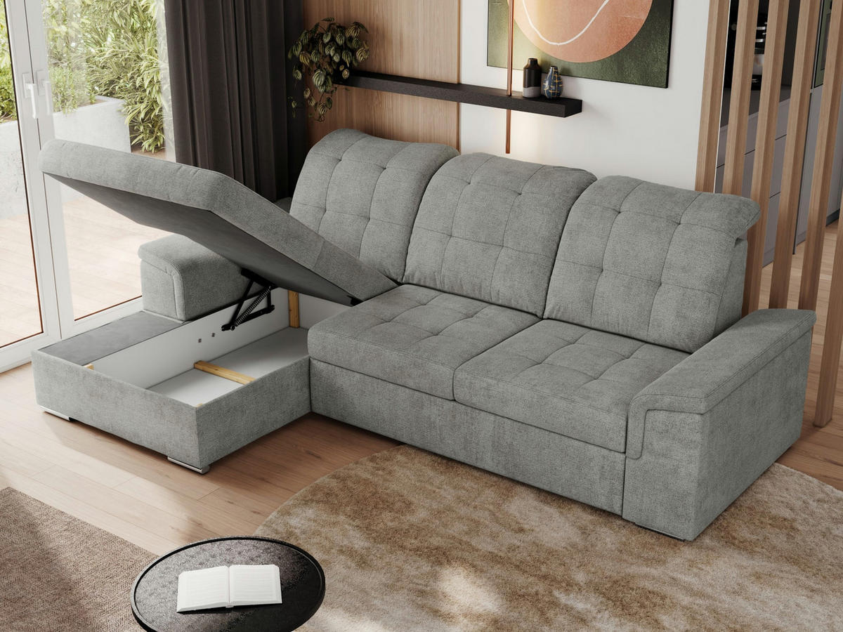 ECKSOFA MADRITO L - Hellgrau Struktur - Links - Silberfarben/Hellgrau, Textil/Metall (160/256cm)