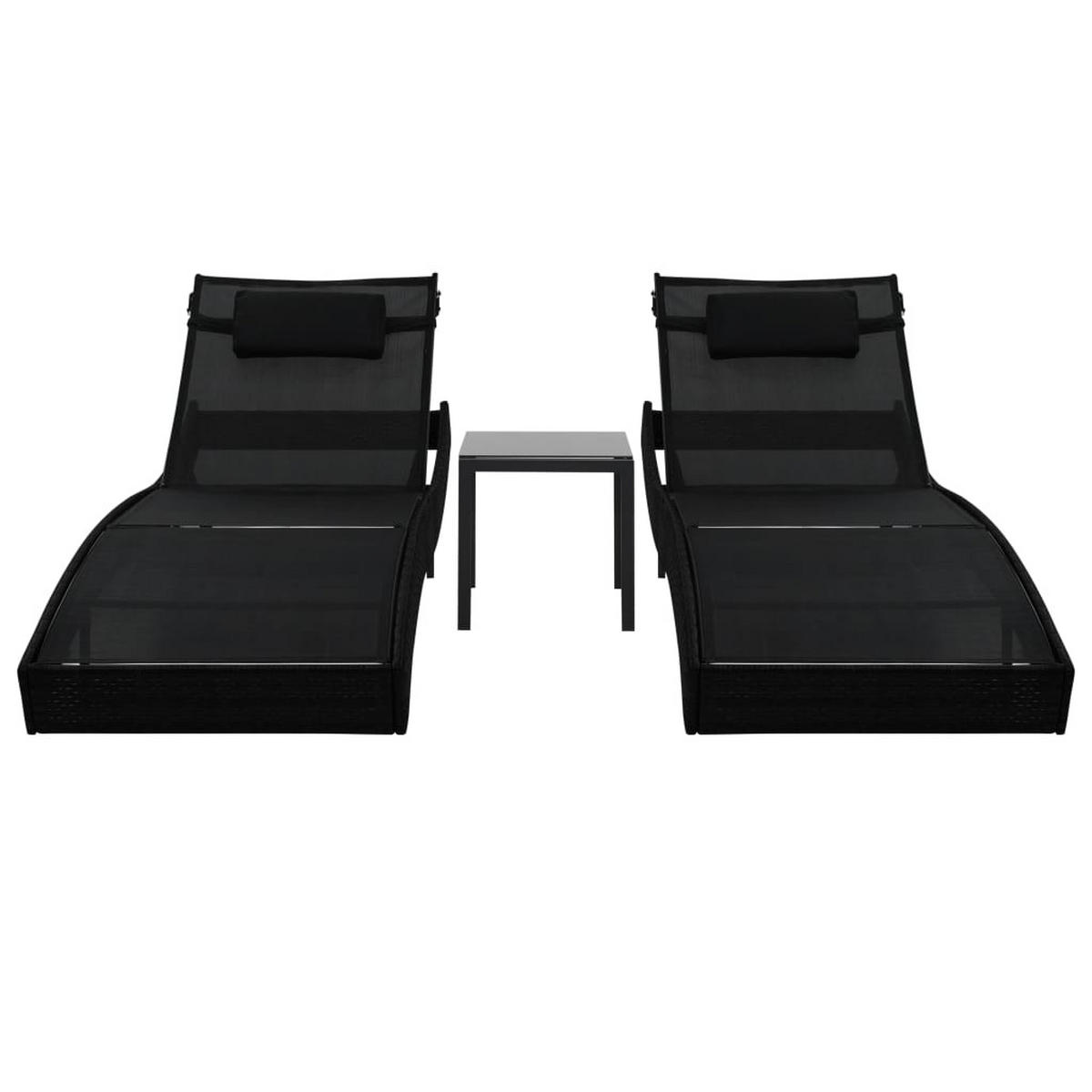 SONNENLIEGEN 2 Stk. mit Tisch Poly Rattan und - Schwarz, Kunststoff (70/91.5/213cm) - furnicato