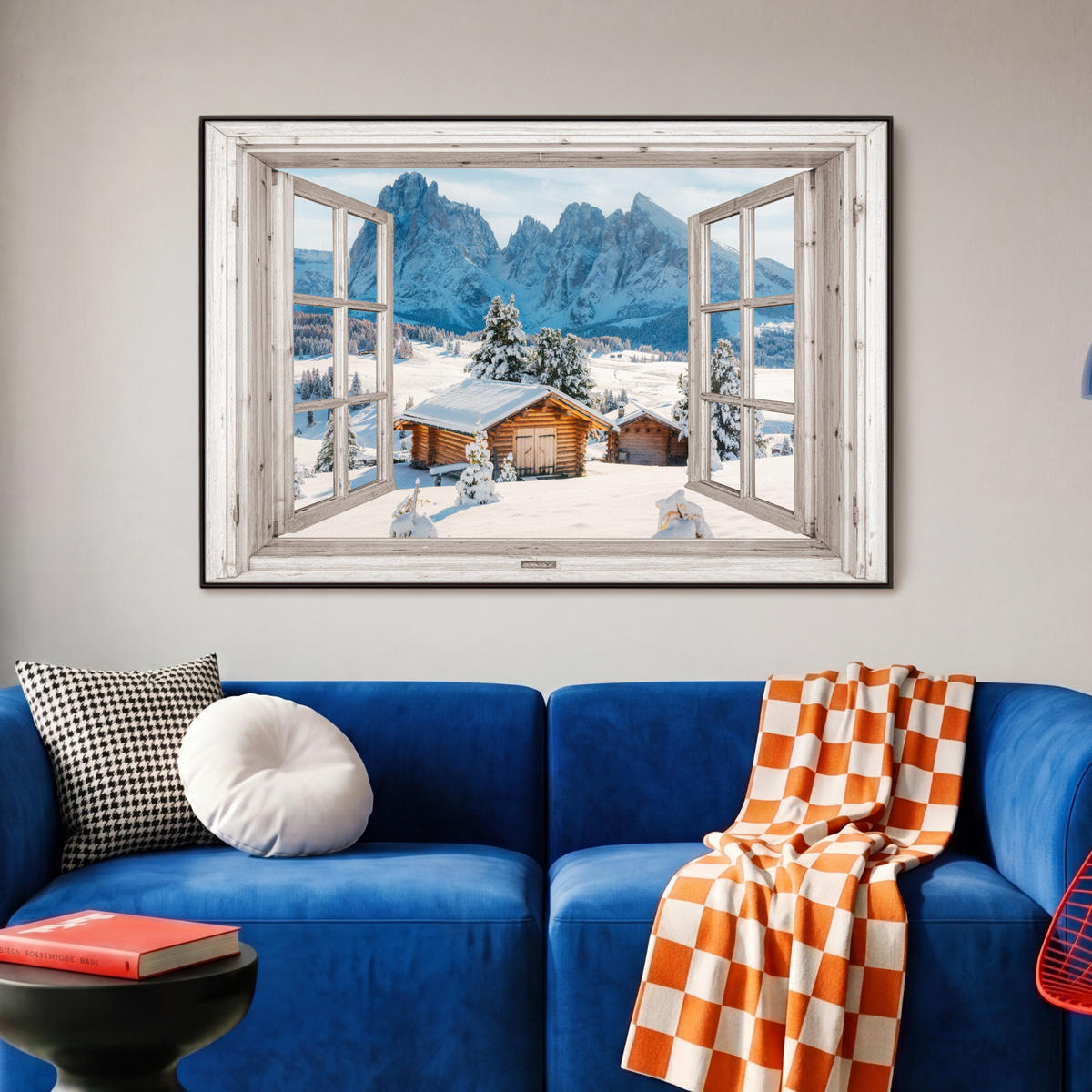LEINWAND Bilder mit Rahmen - Winterlandschaft - Hütte - Berge - Ausblicke - Aussicht - Natur - 90x60 - Weiß Hochglanz, Textil (90/60cm) - MuchoWow