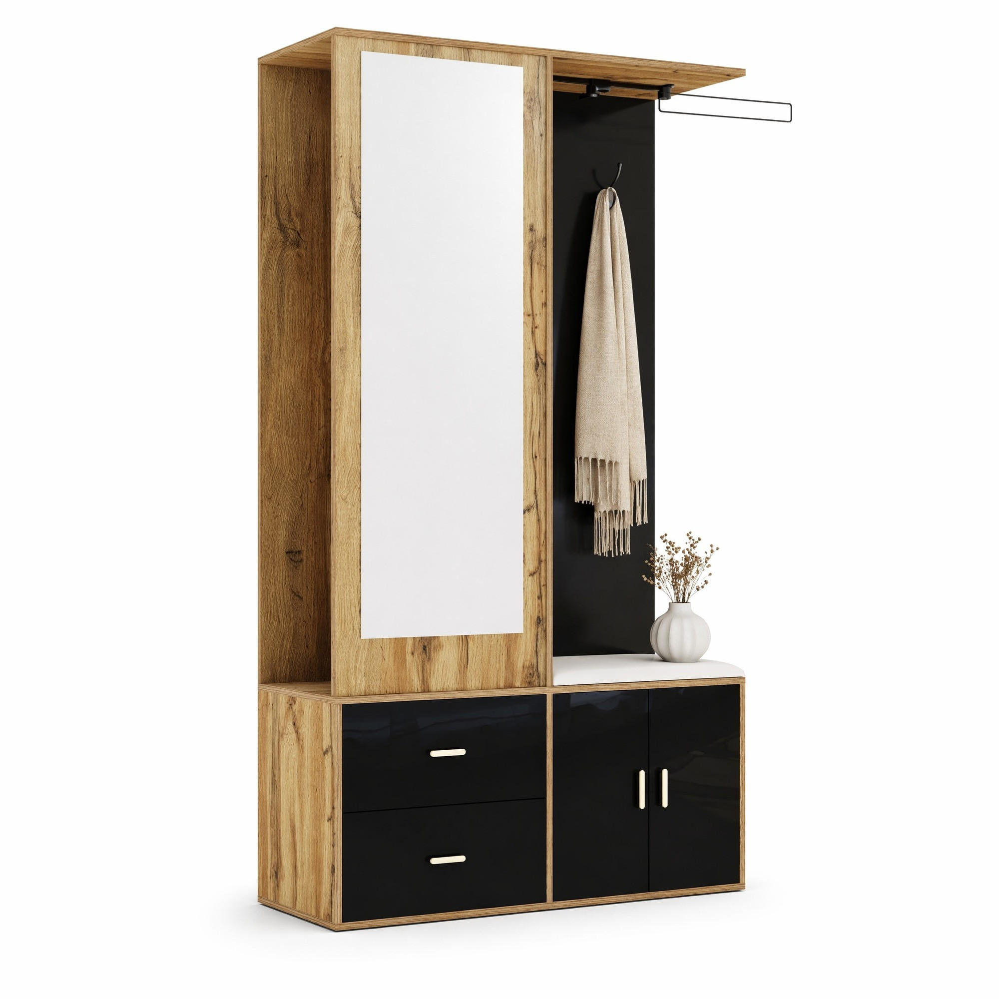 GARDEROBE mit Spiegel und Schuhbank 100 x 38 x 180 cm Schwarz Holzoptik - Schwarz, Holzwerkstoff (38/180/100cm) - Beauniv