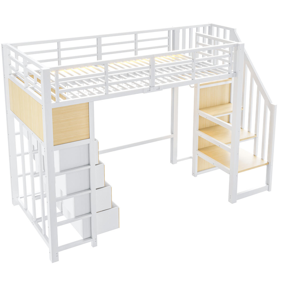 HOCHBETT aus Metall und MDF 90x200 cm Weiß mit 8 Schubladen, Stauraumtreppe und LED-Beleuchtung - Weiß, Holzwerkstoff (90/200cm) - IVMEU