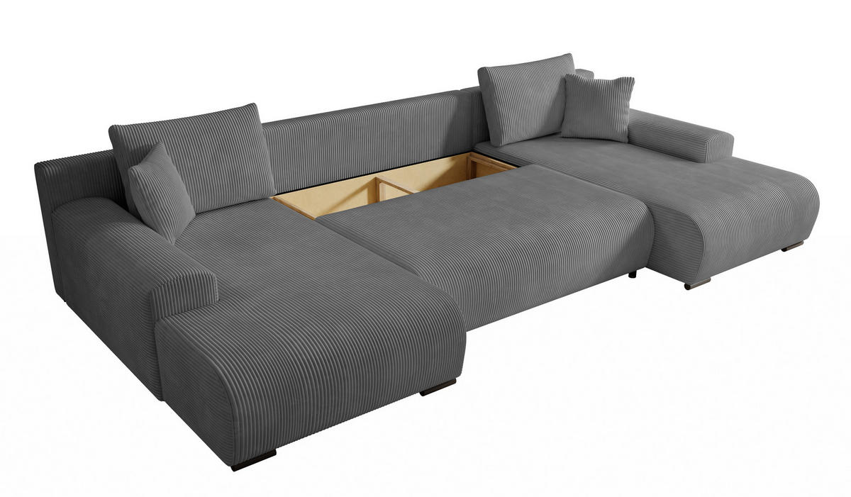 WOHNLANDSCHAFT Nelly U mit Bettkasten und Schlaffunktion, Cordstoff in U-Form - Dunkelgrau, Textil (349/80/185cm)