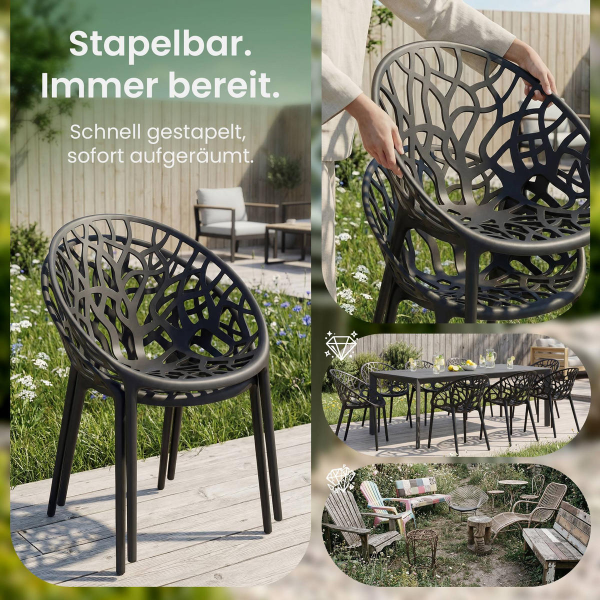 GARTENSITZGRUPPE 2 Kunststoff Schwarz - Schwarz, Kunststoff - CLP