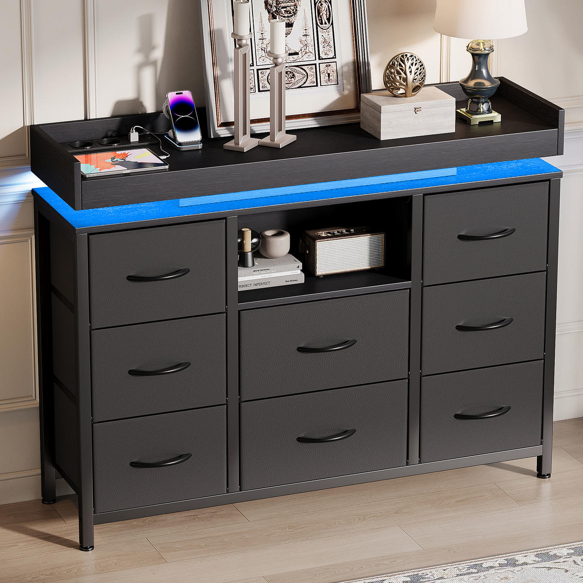 KOMMODE 8 Stoffschubladen, LED, Steckdose, stabil, Stahlrahmen, Anti-Kipp, schwarz - Schwarz, Textil (108/82/30cm) - EuroLiving