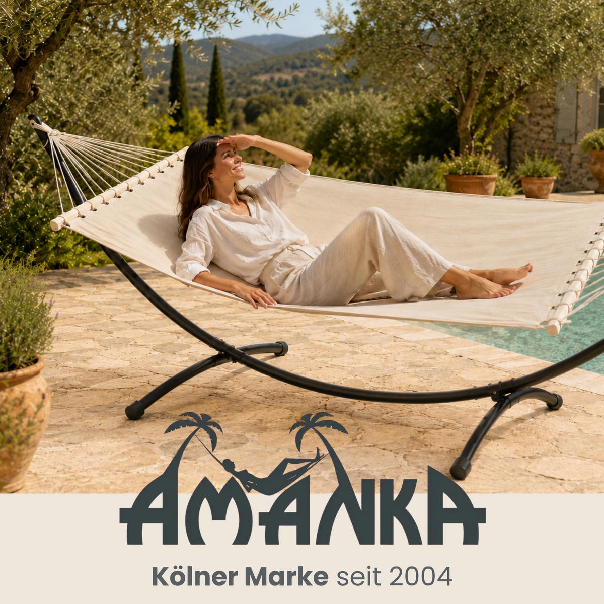 DOPPEL-HÄNGEMATTE mit Gestell bis 120kg, 200/120cm, Beige - Beige, Metall (100/90/300cm) - Amanka