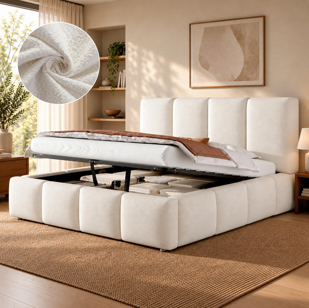 POLSTERBETT mit Bouclé-Bezug 160x200 cm Weiß mit hydraulischem Bettkasten und Lattenrost - Weiß, Textil (160/200cm) - Modfu