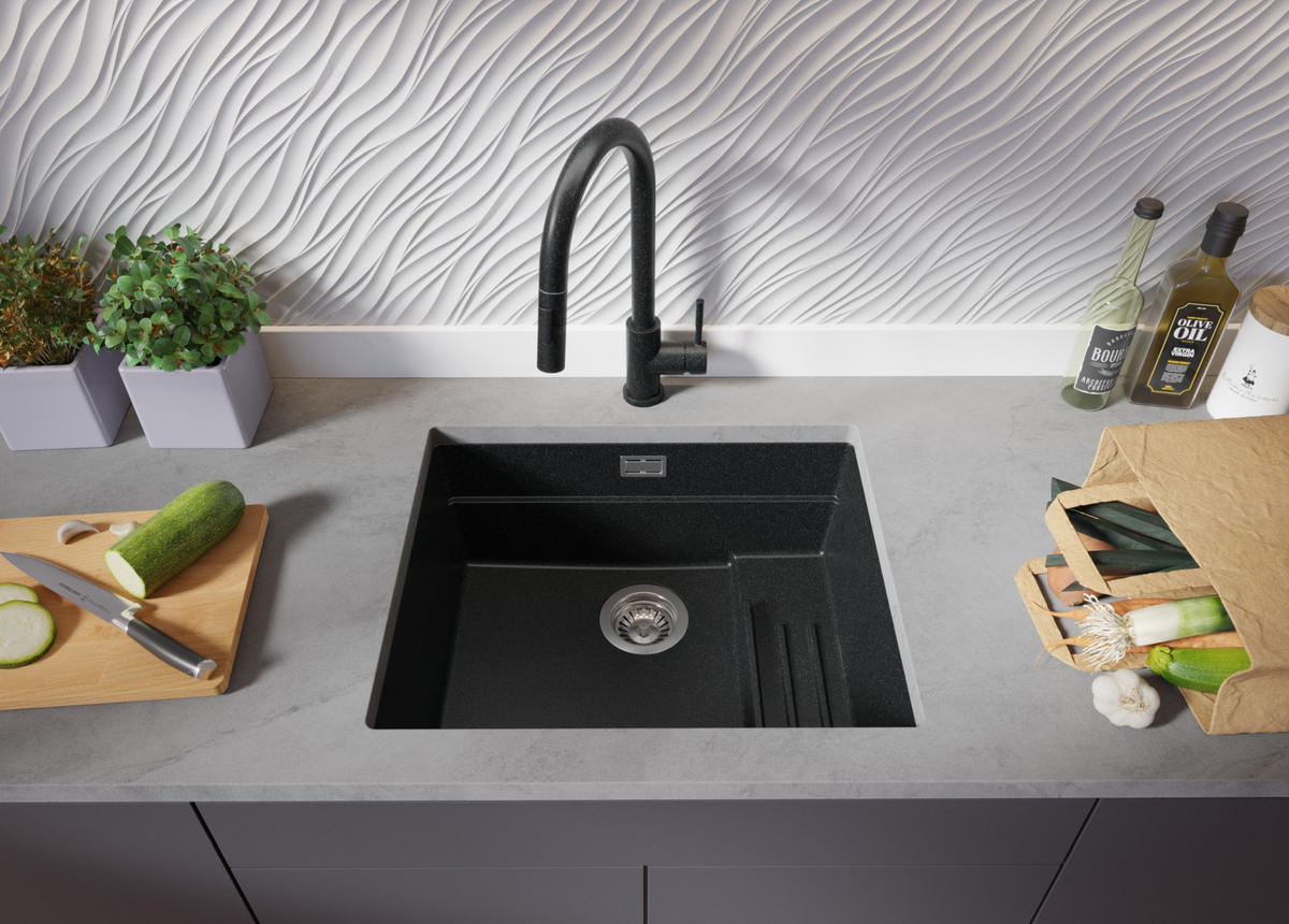 UNTERBAUSPÜLE GRANIT Praga, 2-er set Anthrazit 56/47 cm 1 Becken + Ablauf-Set + Aufrollbare Abtropffläche ab 60er Unterschrank - Chromfarben/Anthrazit, Kunststoff (56/20/47cm) - Primagran