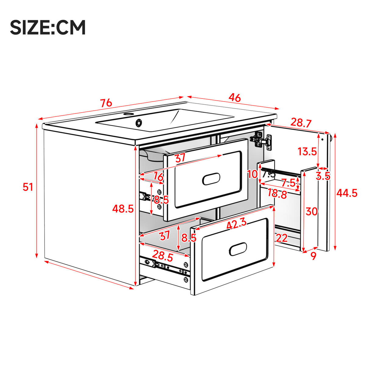 BADEZIMMER-HÄNGESCHRANK 76x46x51 cm Blau aus Keramik & Spanplatte mit Radar-Sensor-LED & 2 Schubladen - Blau, Holzwerkstoff (76/51/46cm) - Modfu