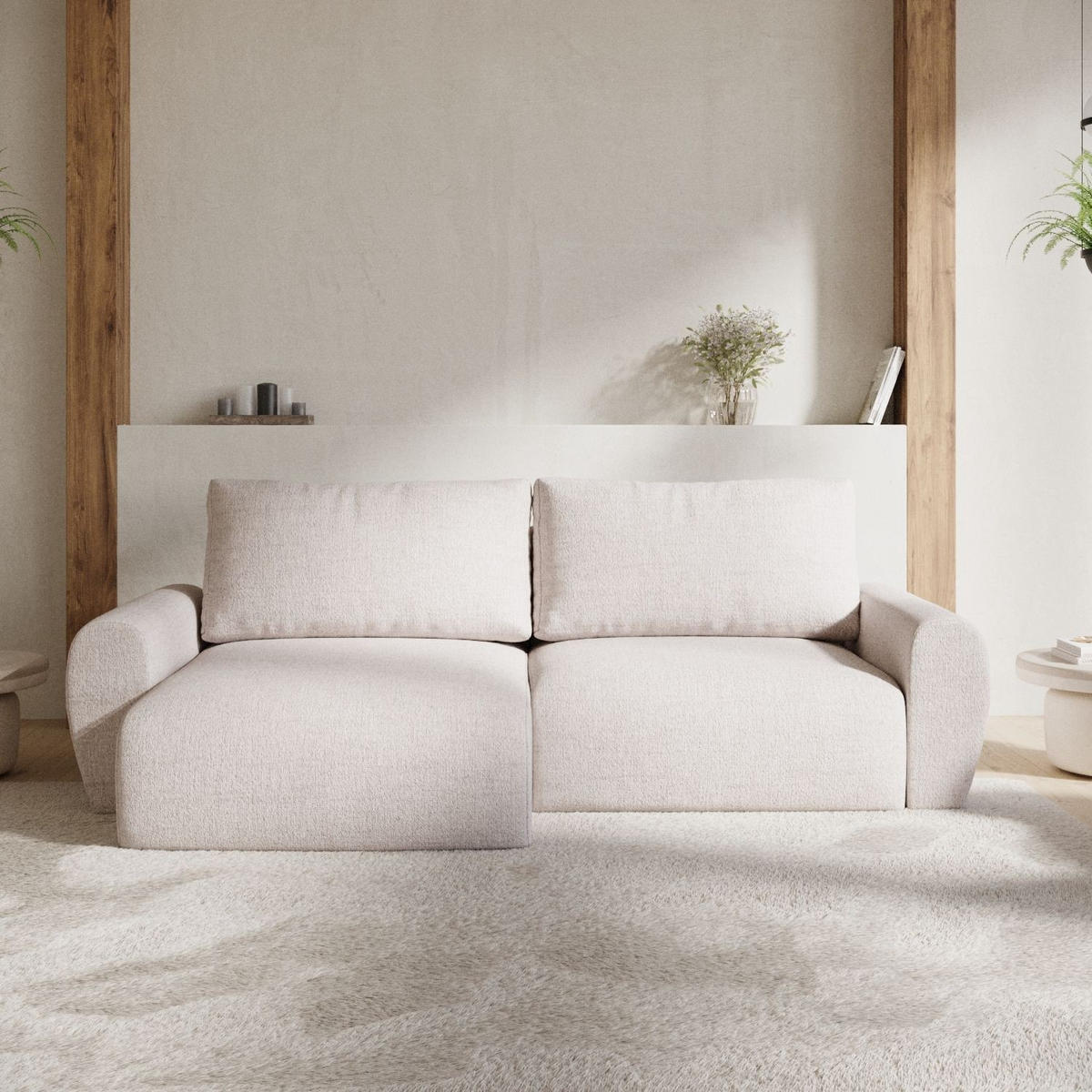 ECKSOFA OMARI mit Schlaffunktion Hellbeige im Neve Stoff - Sandfarben/Schwarz, Holz/Holzwerkstoff (253/153cm) - AltaBeds