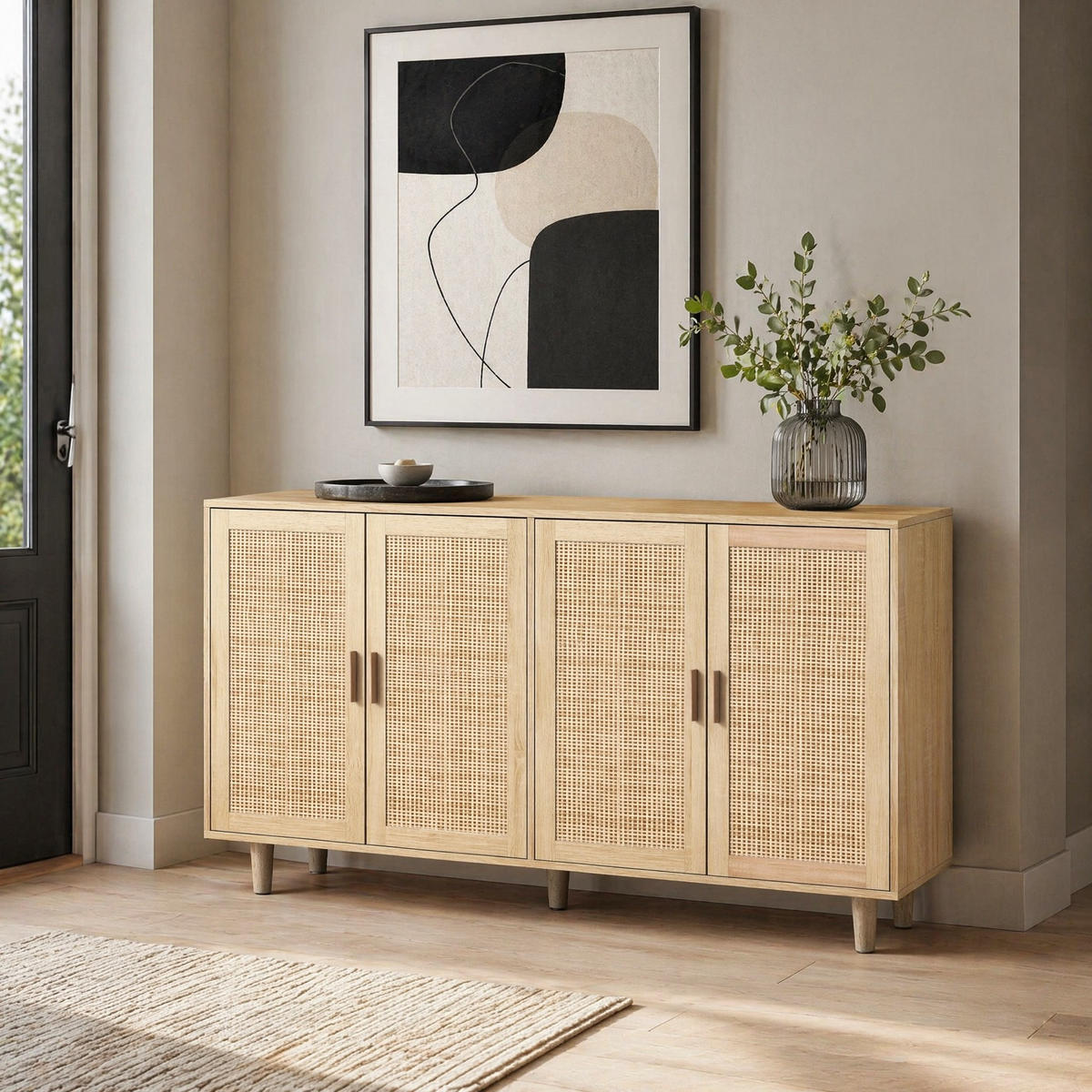 SIDEBOARD in Naturfarben Aufbewahrungsschrank mit 4 Türen und Stauraum, für Schlafzimmer und Wohnzimmer, B158/T40/H88cm - Naturfarben, Holzwerkstoff (158/88/40cm) - STILVORA