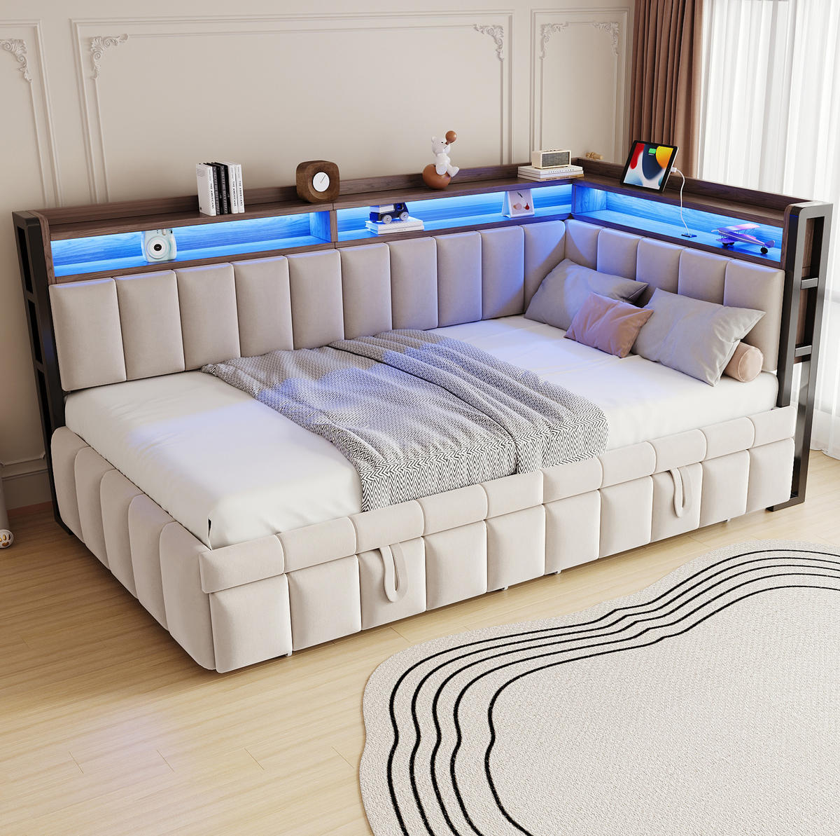POLSTERBETT Schlafsofa Samt 90x200 cm Beige mit Ausziehbett, LED-Beleuchtung, USB- und Typ-C-Anschlüssen - Beige, Textil (90/200cm) - Modfu