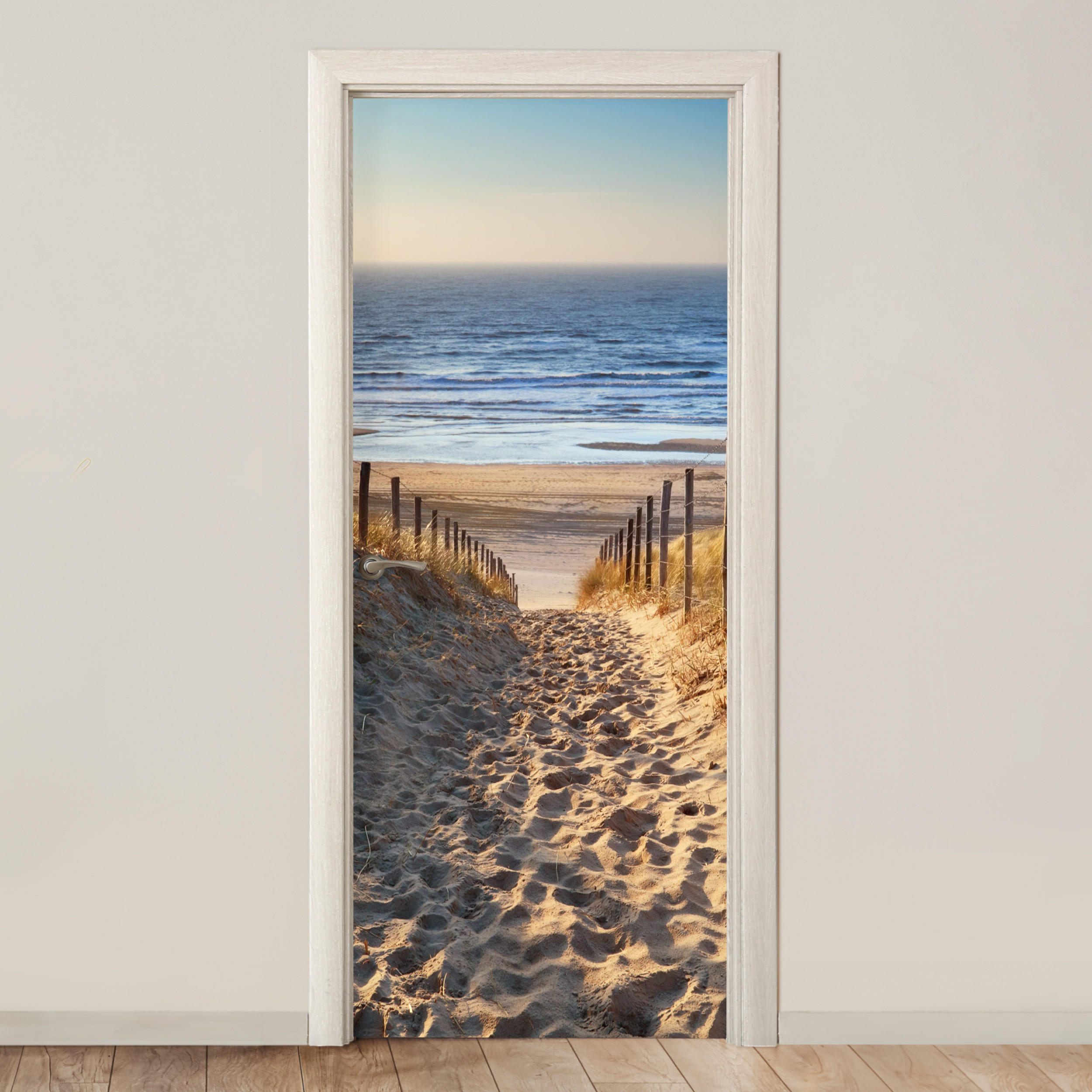 TÜRAUFKLEBER Selbstklebend - Strand - Meer - Niederlande - Dünen - Sonne 80x205 cm - Türtapete - Blau, Kunststoff (80/0.1cm) - MuchoWow