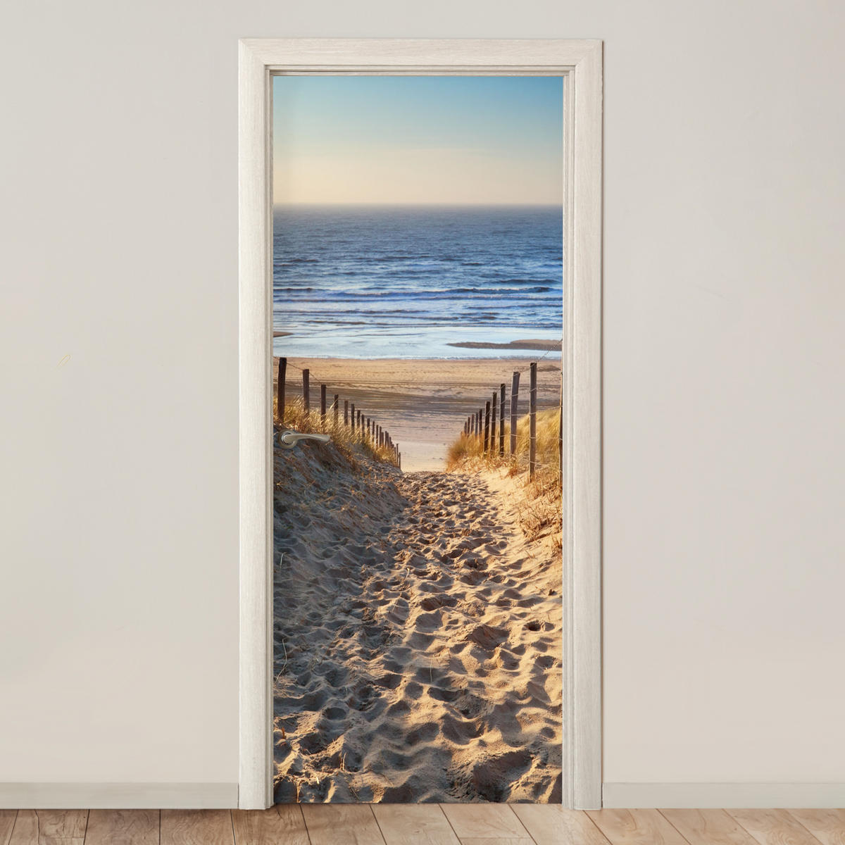 FOTOTAPETE Tür - Strand - Meer - Niederlande - Dünen - Sonne 90x205 cm - Blau, Kunststoff (90/0.1cm) - MuchoWow
