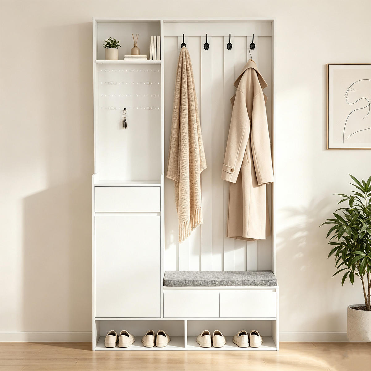GARDEROBE mit gepolsterter Aufbewahrungsbank und Schuhschrank, weiß - Weiß, Holz (35/180/100cm) - Meubles Cosy
