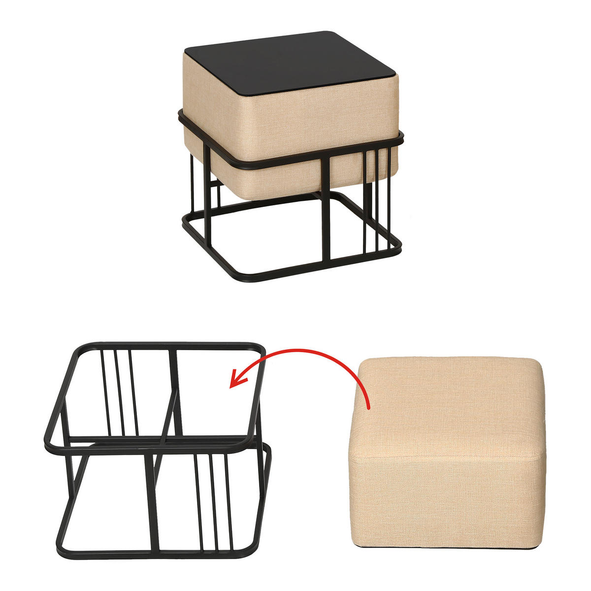 SADA STOLIČEK 2 KS. Tas - černá/béžová, kov/kompozitní dřevo (38/38/38cm) - [en.casa]