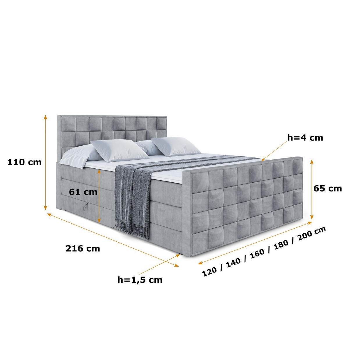 BOXSPRINGBETT ZAFIRA KING - 120 x 200 - H3/H4 - Grau - Grau, Holzwerkstoff (120/200cm) - ALTDECOR