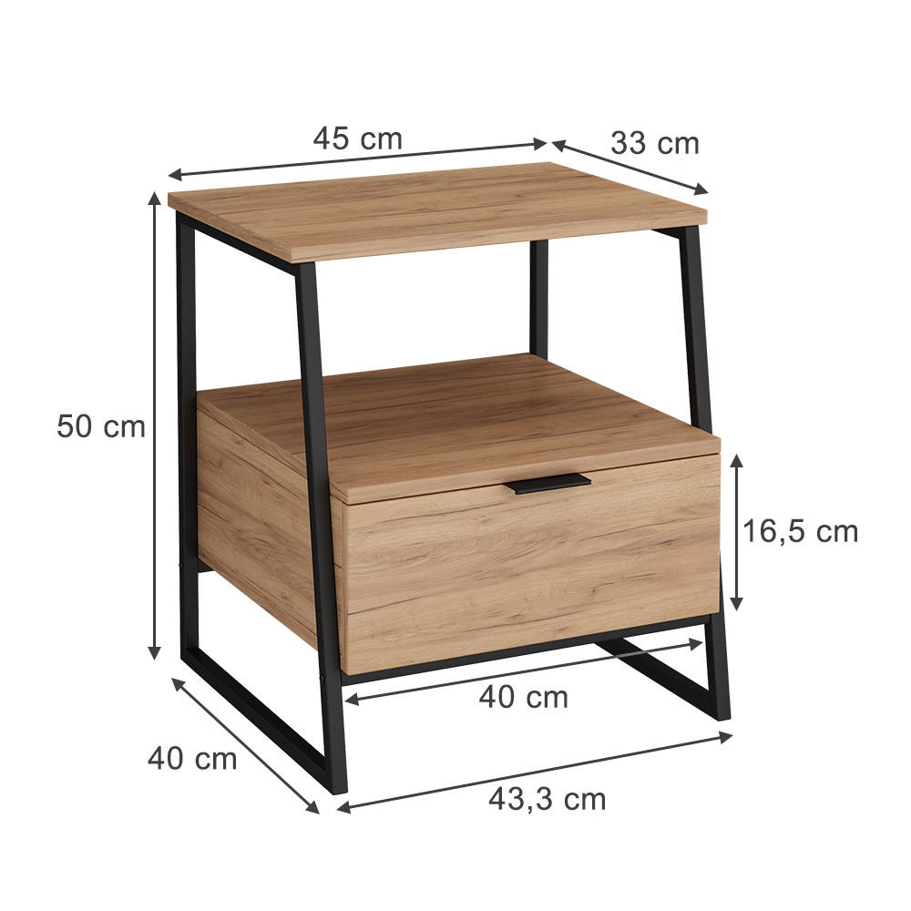 NACHTTISCH Lunor Goldkraft Eiche/Schwarz 2er Set - Eichefarben/Schwarz, Holzwerkstoff (45/50/40cm) - Vicco