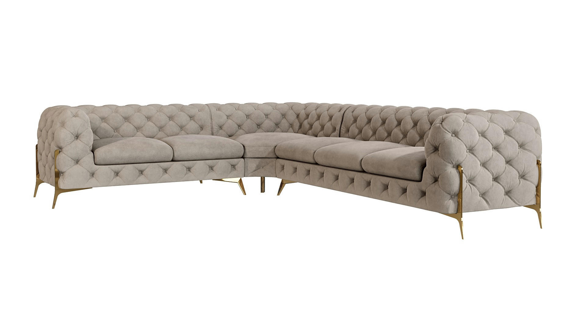 S-Style CHESTERFIELD ROHOVÁ SEDAČKA Lexi z tmavě krémového sametu se zlatými nohami - otoman vlevo