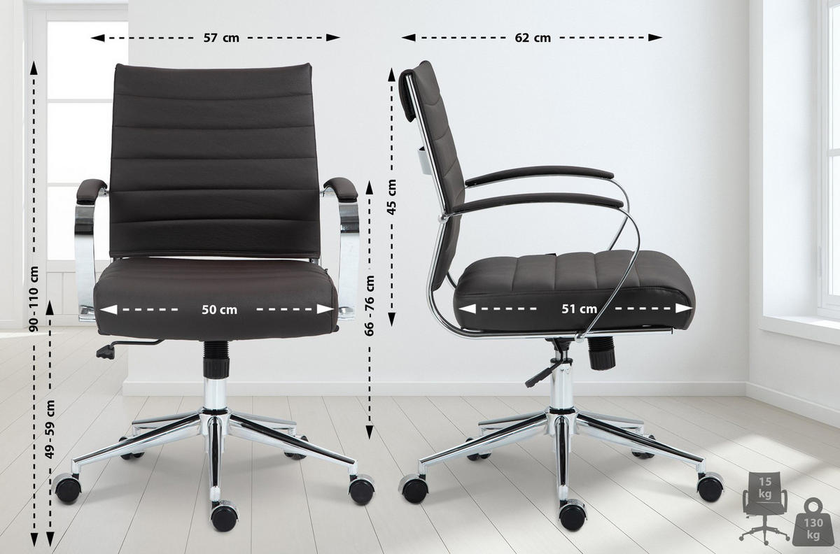 BÜROSTUHL Rynex Echtleder braun - Chromfarben/Braun, Leder/Metall (57/100/62cm) - TPFLiving