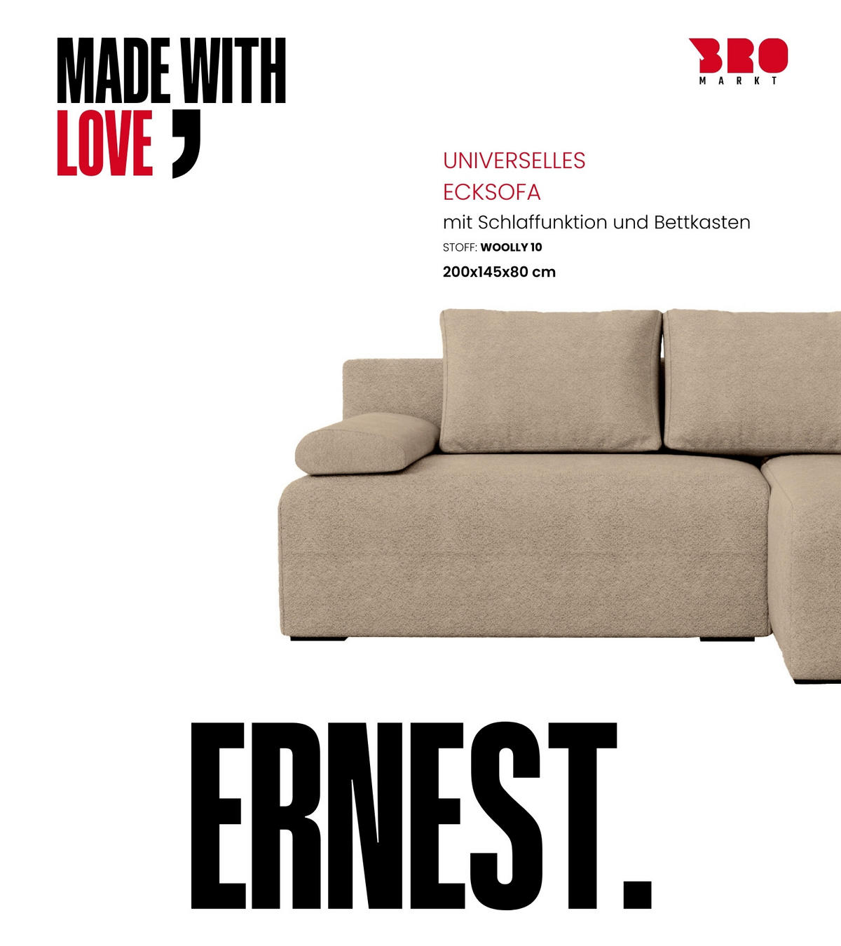 ECKSOFA Ernest mit Schlaffunktion Beige Bouclé - Beige, Textil (200/145cm) - Bromarkt