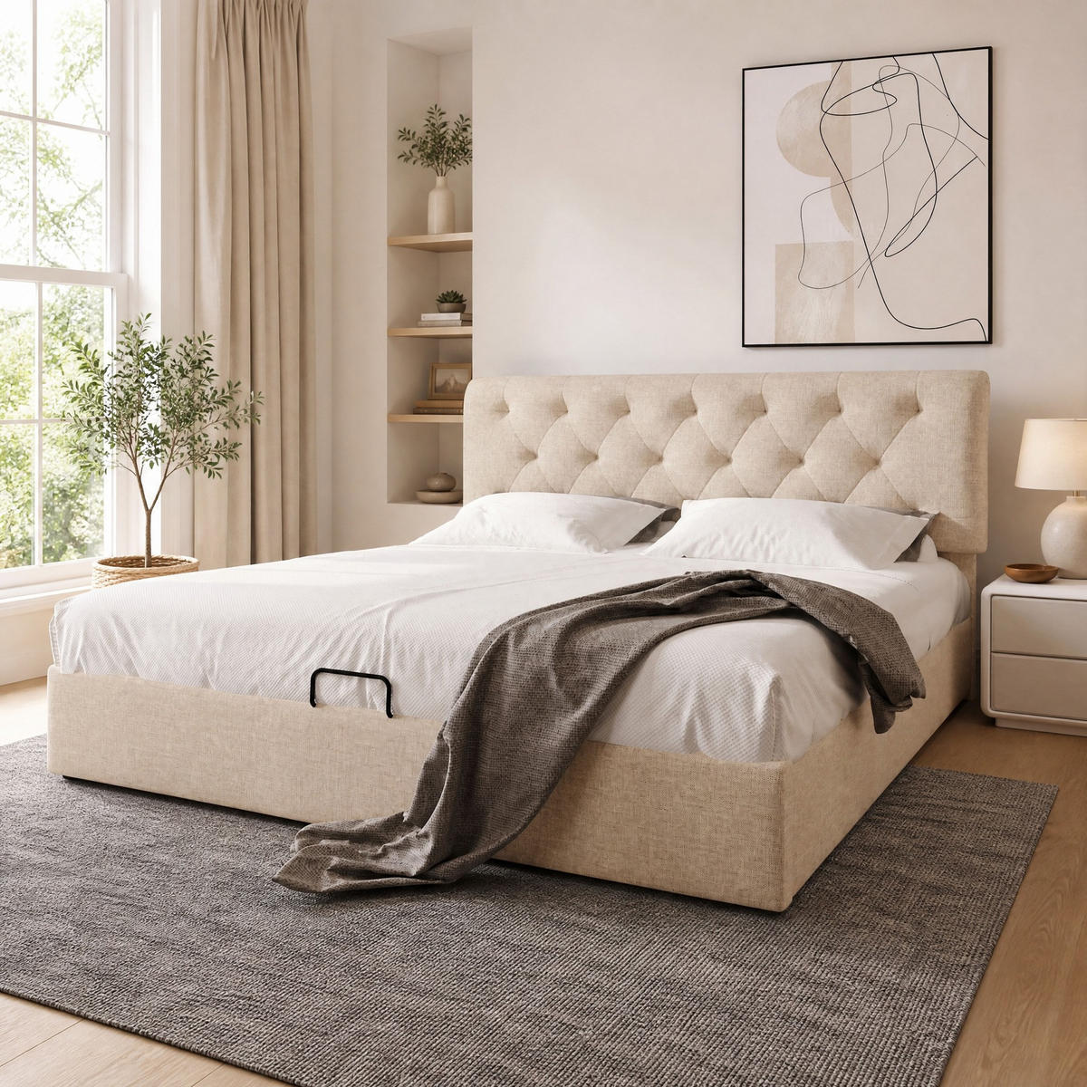 POLSTERBETT 140/200 mit hydraulischem Bettkasten, Metall-Lattenrost und verstellbarem Kopfteil in Natur - Beige, Holzwerkstoff/Textil (140/200cm) - EVRYAE