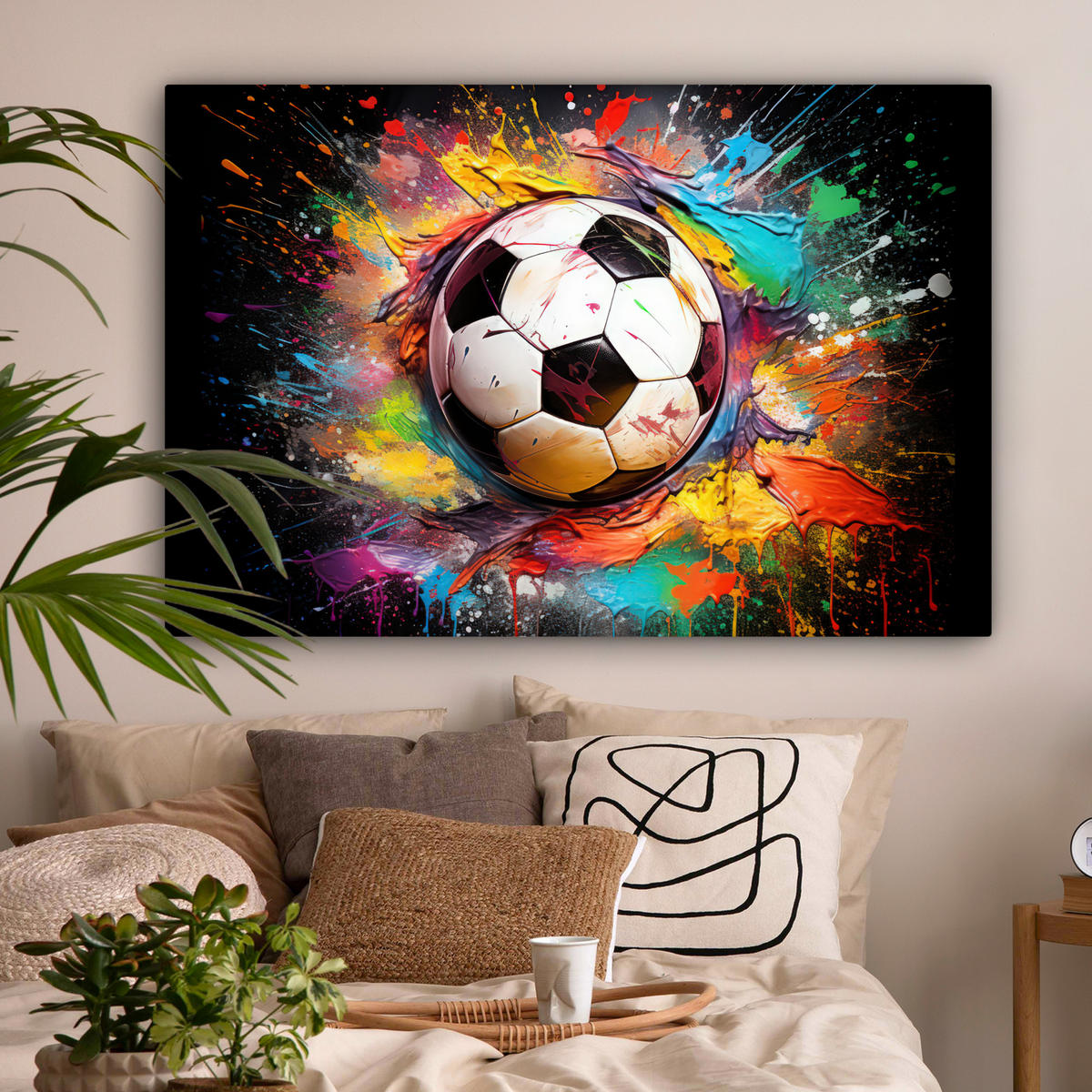 LEINWANDBILD Fußball - Farbe - Farben - Schwarz - Weiß Wohnzimmer Groß 120x80 cm - Weiß, Textil (120/80cm) - MuchoWow