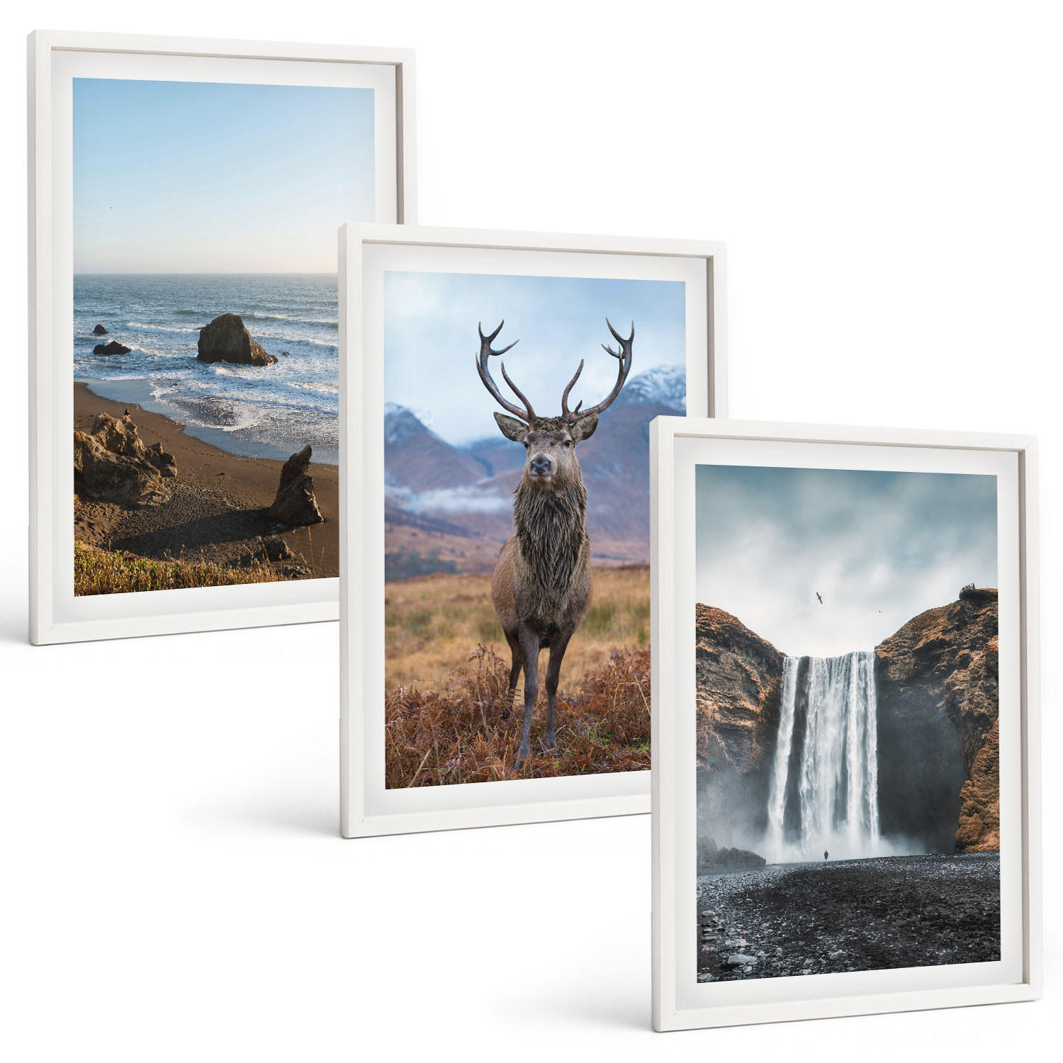 BILDER SET 3er Set - 40x60 cm Weißer Rahmen - Berglandschaften mit einem Wasserfall - Weiß, Kunststoff (40/60cm) - TULUP