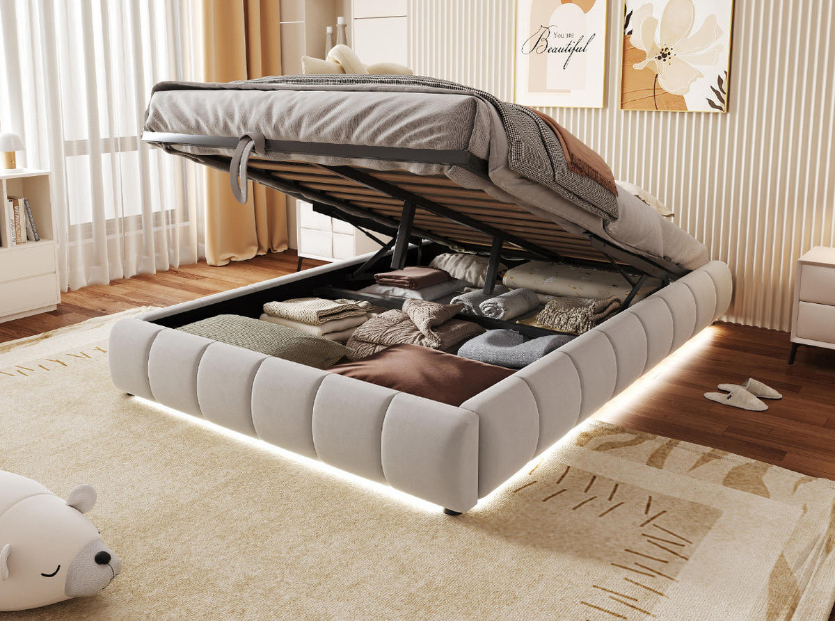 POLSTERBETT 140/200 cm Beige aus Samtstoff mit Bettkasten und LED-Lichtleiste - Beige, Textil (140/200cm) - OKMYHOME