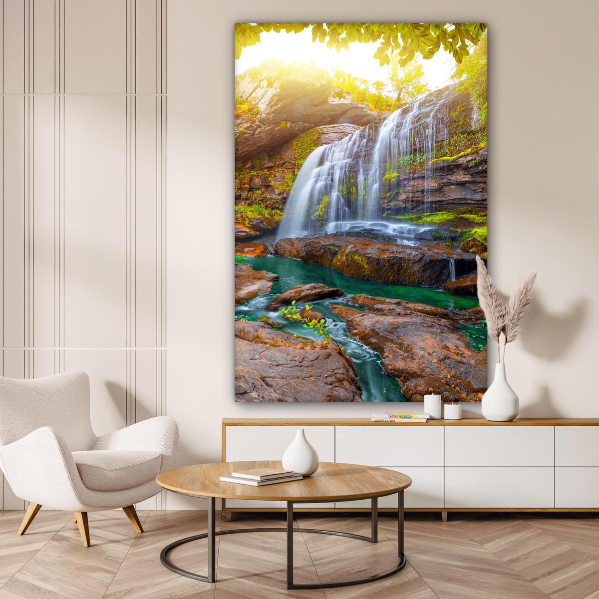 SLIKA NA PLATNU Slap 90x140 cm - olivno zelena, tekstil (90/140cm) - MuchoWow